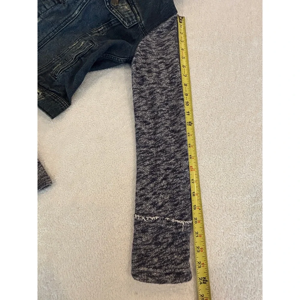 Free People Hooded Denim Jacket Mixed Media Knit Sleeve Distressed Blue Small - Picture 5 of 5